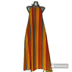 Handmade Women's Long Heavy Cotton Kitchen Chef Apron Multicolor Stripes Adjusta